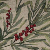 Gobelin Dekostoff Mistelzweige mit Beeren und goldfarbigen Lurexeffekten beige rot grün 1,40m Breite Detail
