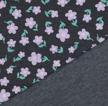 Sweatstoff aus Baumwolle Melange Flowers anthrazitgrau lila 1,38m Breite zweiseitig