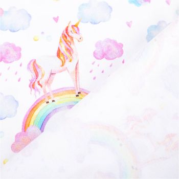 Jersey Stoff Baumwolle Einhörner und Regenbogen weiß rosa 1,50m