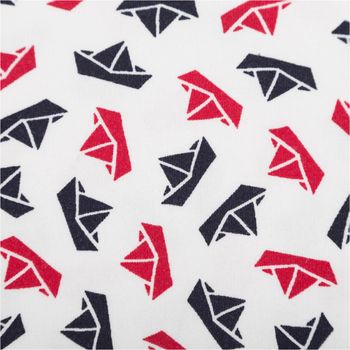 Jersey Stoff Baumwolle Maritim Papierboote weiß blau rot 1,50m Breite Detail