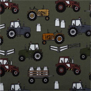 Jersey Stoff Baumwolljersey Theo Traktor khaki grün bunt 1,60m Breite Detail