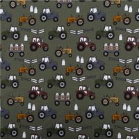 Jersey Stoff Baumwolljersey Theo Traktor khaki grün bunt 1,60m Breite