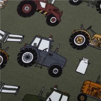 Jersey Stoff Baumwolljersey Theo Traktor khaki grün bunt 1,60m Breite Nahaufnahme