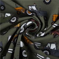 Jersey Stoff Baumwolljersey Theo Traktor khaki grün bunt 1,60m Breite gedreht