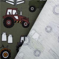 Jersey Stoff Baumwolljersey Theo Traktor khaki grün bunt 1,60m Breite mit Rückseite
