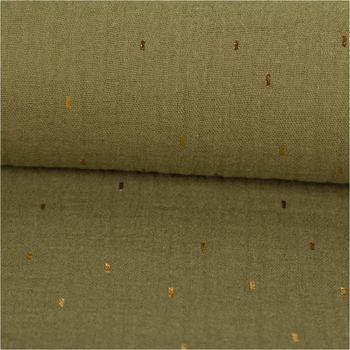 Double Gauze Musselin Foliendruck Konfetti Striche einfarbig olivgrün goldfarbig 1,35m Breite, doubliert
