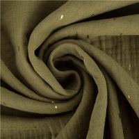 Double Gauze Musselin Foliendruck Konfetti Striche einfarbig olivgrün goldfarbig 1,35m Breite, gedreht