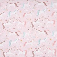 Baumwollstoff in zartem Nude-Rosé mit verspieltem Einhorn-Print, Sternen, Regenbögen und Kirschen – exklusives Design aus Frankreich für Kinderprojekte - Vollbild