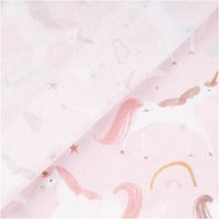 Baumwollstoff in zartem Nude-Rosé mit verspieltem Einhorn-Print, Sternen, Regenbögen und Kirschen – exklusives Design aus Frankreich für Kinderprojekte - mit Rueckseite