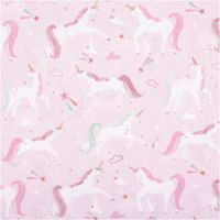 Baumwollstoff in Rosa mit zauberhaftem Einhorn-Print, bunten Sternen und Wolken – exklusives Design aus Frankreich, ideal für Kinderprojekte - Vollbild