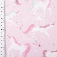 Baumwollstoff in Rosa mit zauberhaftem Einhorn-Print, bunten Sternen und Wolken – exklusives Design aus Frankreich, ideal für Kinderprojekte - mit Massband