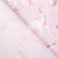 Baumwollstoff in Rosa mit zauberhaftem Einhorn-Print, bunten Sternen und Wolken – exklusives Design aus Frankreich, ideal für Kinderprojekte - mit Rueckseite