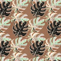90442-Viskose-Stoff-mit-30--Leinen-Monstera-Blaetter-abstrakt-braun-mint-134cm-Breite-23012-054-2.jpg Leichter Viskose-Leinen Stoff mit modernem Blätter-Print glatt ausgelegt