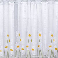 90476-Scheibengardinen-Meterware-naehfrei-Jacquard-grob-Margerite-weiss-gelb-gruen-45cm-Hoehe--MG-3689.jpg Detailansicht Jacquard Scheibengardine mit gelben Margeriten und grünen Stielen, halbtransparenter Stoff mit strukturierter Optik.