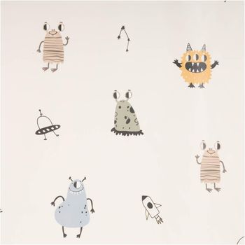 Weicher, wasserdichter Regenjackenstoff in Beige mit Monster-Digitalprint – Perfekt für Regenkleidung und mehr! Nahaufnahme des Stoffes