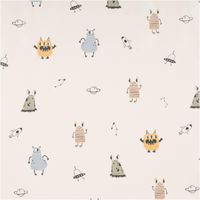 Weicher, wasserdichter Regenjackenstoff in Beige mit Monster-Digitalprint – Perfekt für Regenkleidung und mehr! Vollbild des Stoffes