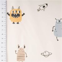Weicher, wasserdichter Regenjackenstoff in Beige mit Monster-Digitalprint – Perfekt für Regenkleidung und mehr! mit Massband