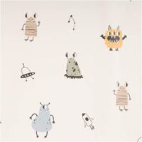 90667-Regenjackenstoff-wasserdicht-soft-Monster-beige-145cm-Breite--MG-4124.jpg Weicher, wasserdichter Regenjackenstoff in Beige mit Monster-Digitalprint – Perfekt für Regenkleidung und mehr! Nahaufnahme des Stoffes