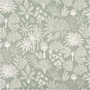 Baumwollstoff Haute-Savoie Halbpanama in Salbei-Grün mit weißen botanischen Motiven und feinen Blättern, 155 cm Breite, natürliche und elegante Dekostoff-Optik - Vollansicht