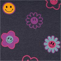 Jersey Stoff Baumwolle Glitter Happy Faces dunkelblau meliert – Fröhlicher & bequemer Stoff für kreative Nähprojekte Nahaufnahme des Stoffes