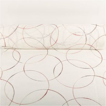 Weiße Schiebegardine in Bambusoptik mit 60cm Breite. Das moderne Design besticht durch eine hochwertige Kreis-Stickerei in Rot- und Grautönen, die dem längsstrukturierten Material eine elegante und zeitgemäße Note verleiht - ausgerollt und glatt liegend