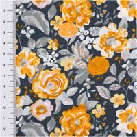 Baumwollstoff Popeline Leontine mit Blümchen-Print in Dunkelgrau und Gelb – Vielseitig & Hautfreundlich mit Massband