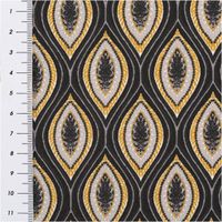 90785-Baumwollstoff-Popeline-Jana-Retro-schwarz-gelb-1-45m-Breite--MG-4205.jpg Baumwollstoff Popeline Jana mit grafischem Retro-Print in Schwarz und Gelb – Hochwertiger Stoff für kreative Projekte mit Massband