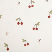 Frottee Stoff Stretch mit Kirschen-Print – Weich, Dehnbar & Perfekt für Kinderbekleidung Nahaufnahme des Stoffes