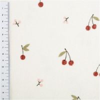 Frottee Stoff Stretch mit Kirschen-Print – Weich, Dehnbar & Perfekt für Kinderbekleidung mit Massband