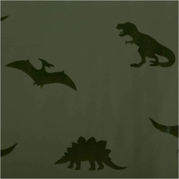 Weicher, wasserdichter Regenjackenstoff in Grün mit Dinosaurier-Print – Perfekt für Regenkleidung und mehr! Nahaufnahme des Stoffes