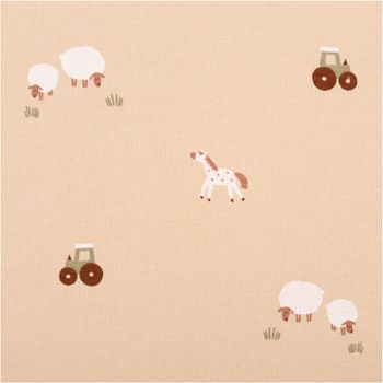 Jersey Stoff Baumwolljersey mit niedlichem Bauernhof-Print – Weich, elastisch & hautfreundlich in Beige (/1,50 m Breite) Nahaufnahme des Stoffes