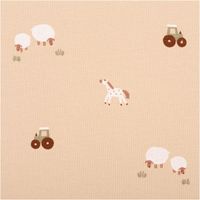 Jersey Stoff Baumwolljersey mit niedlichem Bauernhof-Print – Weich, elastisch & hautfreundlich in Beige (/1,50 m Breite) Nahaufnahme des Stoffes
