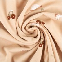 91137-Jersey-Stoff-Baumwolljersey-Bauernhof-beige-1-50m-Breite--MG-5846.jpg Jersey Stoff Baumwolljersey mit niedlichem Bauernhof-Print – Weich, elastisch & hautfreundlich in Beige (/1,50 m Breite) kunstvoll eingedreht in Falten