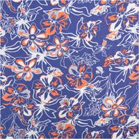 Leichter Viskose Popeline Stoff mit Blumen-Muster in Blau und Orange, 145 cm breit. Weich, atmungsaktiv, hautfreundlich – ideal für Blusen, Kleider & Sommer-Outfits Vollbild