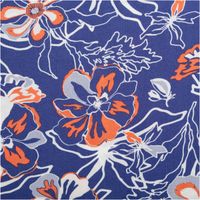Leichter Viskose Popeline Stoff mit Blumen-Muster in Blau und Orange, 145 cm breit. Weich, atmungsaktiv, hautfreundlich – ideal für Blusen, Kleider & Sommer-Outfits Nahaufnahme