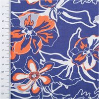 Leichter Viskose Popeline Stoff mit Blumen-Muster in Blau und Orange, 145 cm breit. Weich, atmungsaktiv, hautfreundlich – ideal für Blusen, Kleider & Sommer-Outfits mit Massband