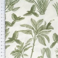 Leichter Viskose Popeline Stoff mit Exotik-Print in Grün und Ecru, weich, atmungsaktiv, hautfreundlich – ideal für Blusen, Kleider & Sommer-Outfits mit Massband