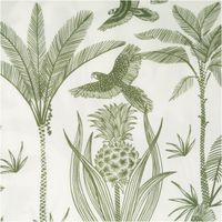 91236-Viskose-Stoff-Popeline-Exotik-Palmen-Voegel-ecru-gruen-145cm-Breite--MG-7297.jpg Leichter Viskose Popeline Stoff mit Exotik-Print in Grün und Ecru, weich, atmungsaktiv, hautfreundlich – ideal für Blusen, Kleider & Sommer-Outfits Nahaufnahme des Stoffes