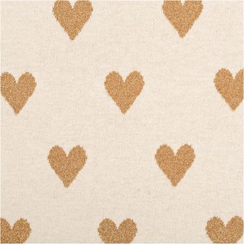 Strickstoff Jacquard Lurex – Herzen in Natur-Gold | Weich, bequem & ideal für Kleidung und Heimtextilien Nahaufnahme des Stoffes