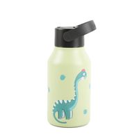 Runbott Kindertrinkflasche „Marta Munté Braquiosaurus“ in Hellgrün mit schwarzem Deckel und Griff, zeigt einen niedlichen blauen Dinosaurier mit rosa Punkten, präsentiert vor weißem Hintergrund