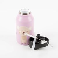 Runbott Kindertrinkflasche „Marta Munté Koala Cotton Candy“ geöffnet präsentiert mit Deckel, Strohhalm und Reinigungsbürste – rosa Edelstahlflasche mit Koala-Motiv, auslaufsicher und geschmacksneutral