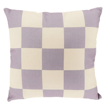 Modernes Kissen 45x45cm mit Würfelkaro in Lila & Natur – aus Baumwolle mit Reißverschluss, waschbar bei 30 °C. Natürlich & gemütlich zugleich - fotografiert vor einem weißen Hintergrund