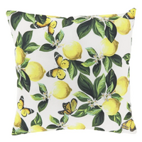 Outdoor Kissen mit Zitronen und Schmetterlingen in Weiß Gelb 45x45cm – Sommerfeeling für Balkon, Garten & Terrasse - vor einem weißen Hintergrund