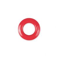 Rote Prym Öse 8 mm von oben fotografiert vor einem weißen Hintergrund