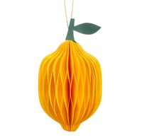 Sass & Belle Lemon Honeycomb Dekohänger Zitrone aus Wabenpapier gelb 6x8,5cm vor einem weißen Hintergrund