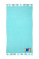 Strandtuch Hamamtuch Plaid Fouta LOVE mit Fransen – türkis 90x180 cm - glatt hingelegt auf einen weißen Hintergrund