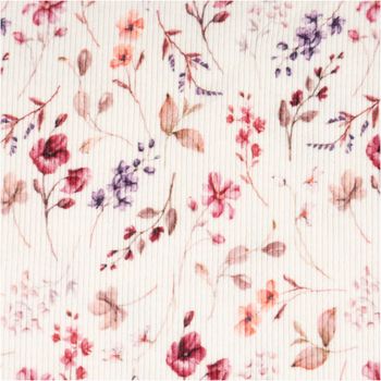 Jersey Stoff Rippjersey Baumwolle Wiesenblumen wollweiß bunt – weich, elastisch & hautfreundlich (1,35 m Breite) Nahaufnahme