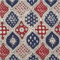 Leichter Baumwollstoff Voile mit Ethno-Muster in Blau und Rot Nahaufnahme