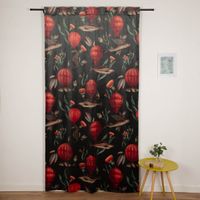 Samtvorhang Fische, Blumen & Heißluftballon in Dunkelgrün und Rot mit Smok-Schlaufenband zugezogen am Fenster
