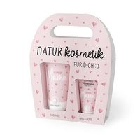Geschenkset „Super Mama“ mit Duschgel und Handcreme in rosa Verpackung mit Herzchenmotiv und Tragegriff
